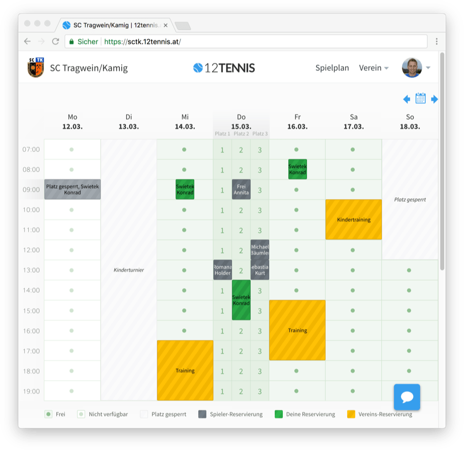 Online Tennis Buchungskalender von 12tennis.dev