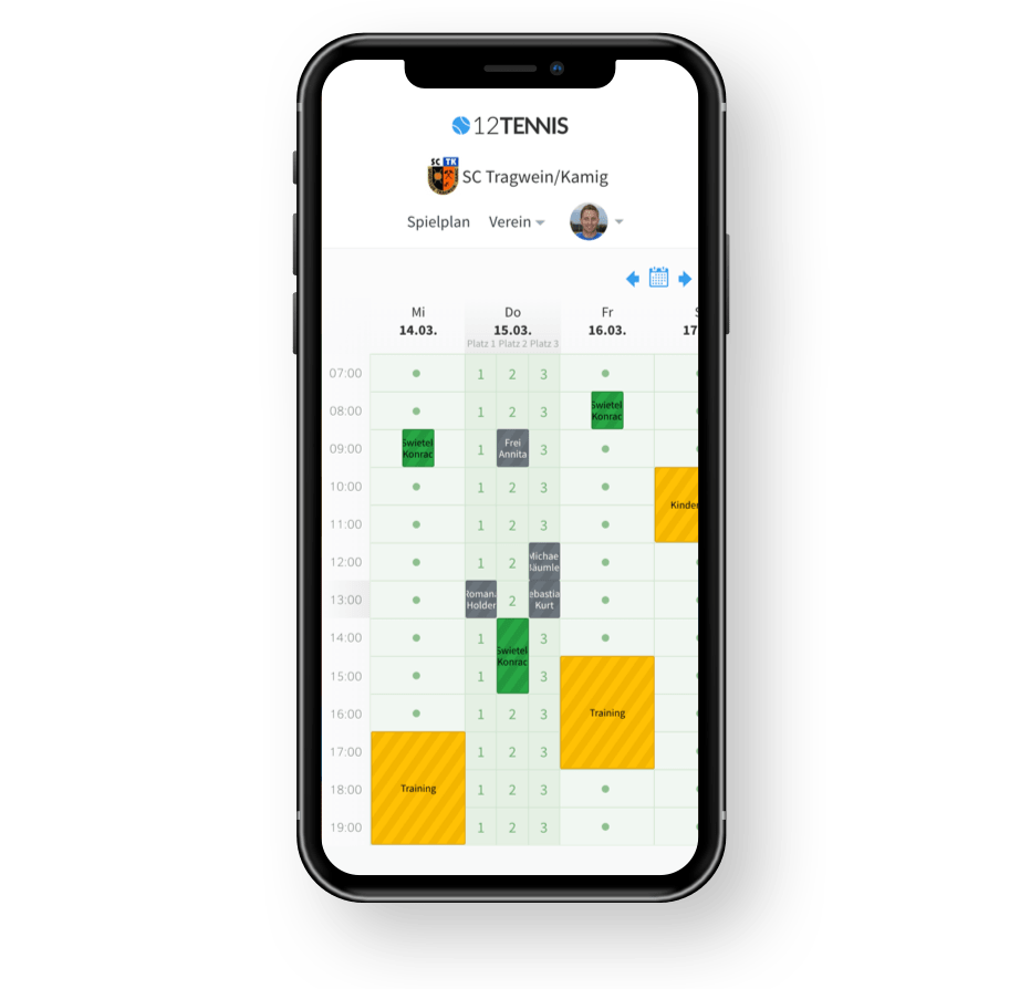 Mobile Ansicht und Funktionen bei 12tennis.dev